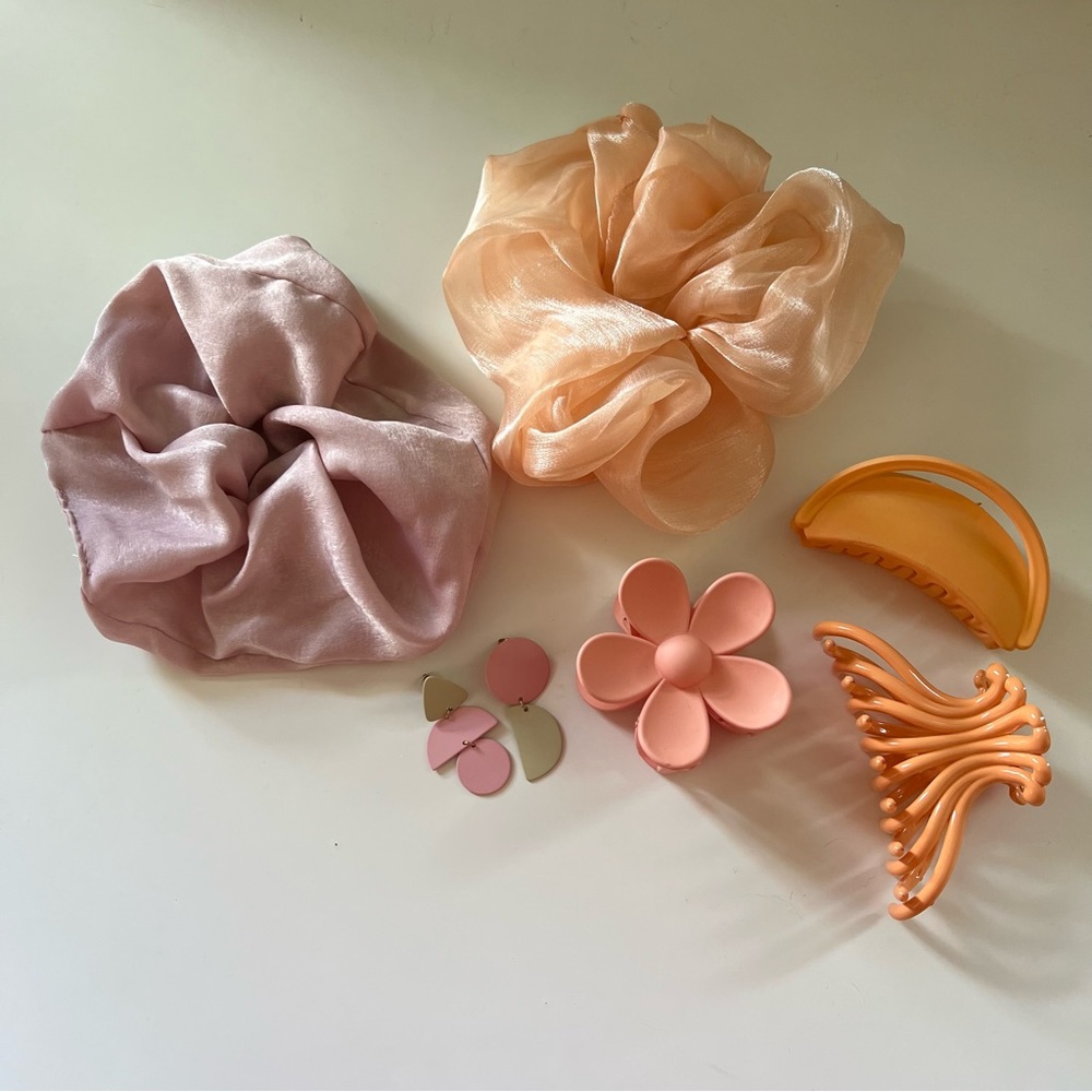 Peach Pink Oversized Scrunchies Flower Hair Clip Earrings